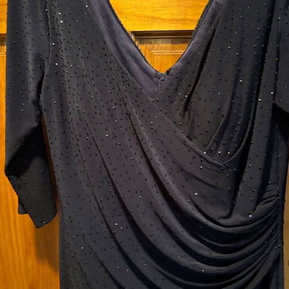La Femme Rhinstone Embellished V-neck Ruched Ruffle Jersey Gown in Navy Size 14 - Picture 8 of 8